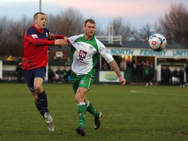 Tony Gray of AFC Telford United and Gregg Anderson of North Ferriby United