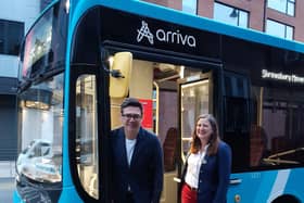 The Mayor of Greater Manchester, Andy Burnham and Shrewsbury MP Julia Buckley by the town's night bus. Picture: LDRS