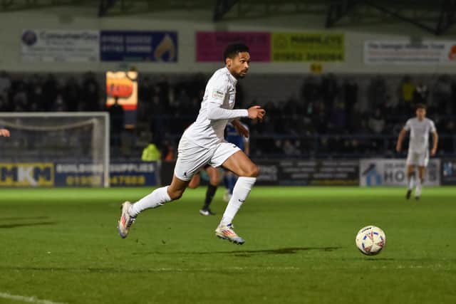 Ricardo Dinanga in action for AFC Telford United against Macclesfield. Picture: Kieren Griffin