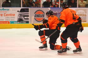 Telford Tigers Eric Henderson celebrates after netting from distance. 