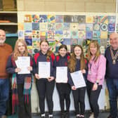 L-R Bob Walls competition judge, participating students, Kathryn Vaughan Learning Leader of Expressive Arts, Hugh Garner Builth Wells Rotary President

