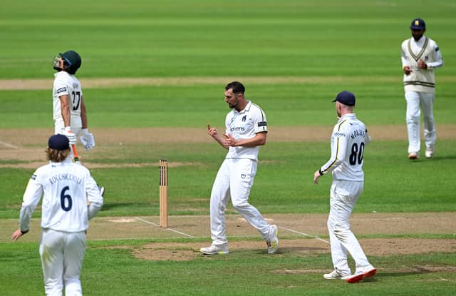 Warwickshire's Ed Barnard celebrates a wicket against Worcestershire in last year's County Championship in July.