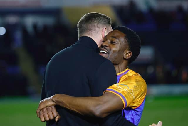 Kevin Berkoe with Shrewsbury Town boss Gavin Cowan
