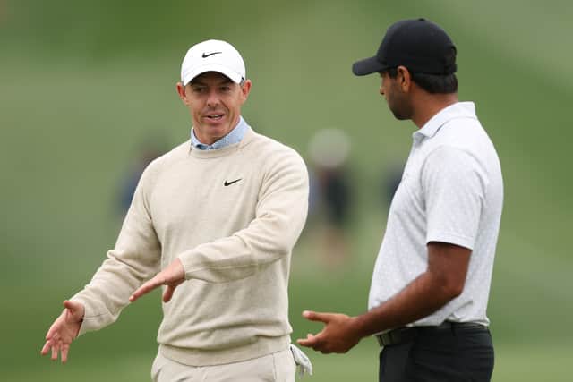 Rory McIlroy with Wolverhampton's Aaron Rai in practice at The Masters
