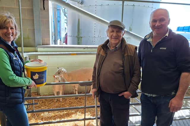 Sarah, Rob and Jim Davies with a ewe and lamb donated to Lingen Davies Cancer Support.