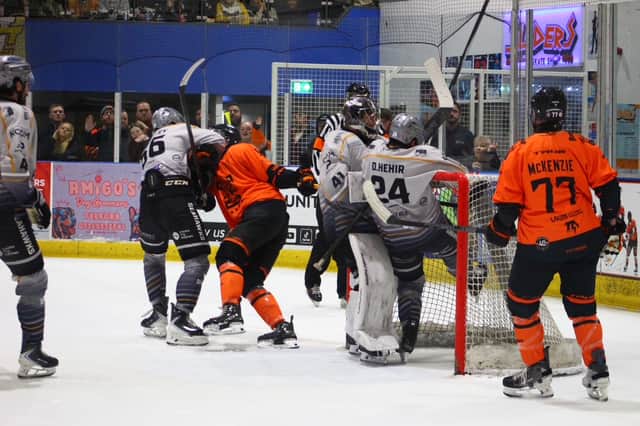 Action from Telford Tigers' 3-1 defeat against Hull Seahawks.
