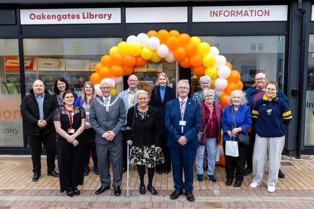 Councillor Stephen Reynolds, Mayor of Oakengates, and Councillor Shirley Reynolds, Telford & Wrekin Council’s Cabinet Member for Children, Young People, Education, Employment & Skills, front centre, and Councillor John Thompson, Ward Member for Wrockwardine Wood & Trench, front right, at the Oakengates library opening event.