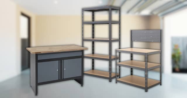 A smart, space-saving setup combining BiGDUG heavy-duty shelving and workbenches to maximise storage and workspace in a compact shed