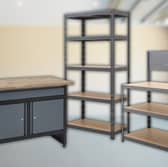 A smart, space-saving setup combining BiGDUG heavy-duty shelving and workbenches to maximise storage and workspace in a compact shed