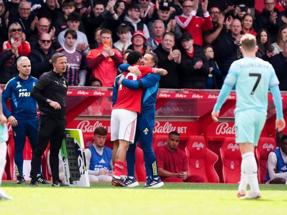 Nottingham Forest’s Morgan Gibbs-White hugs head coach Vitor Pereira as he is substituted