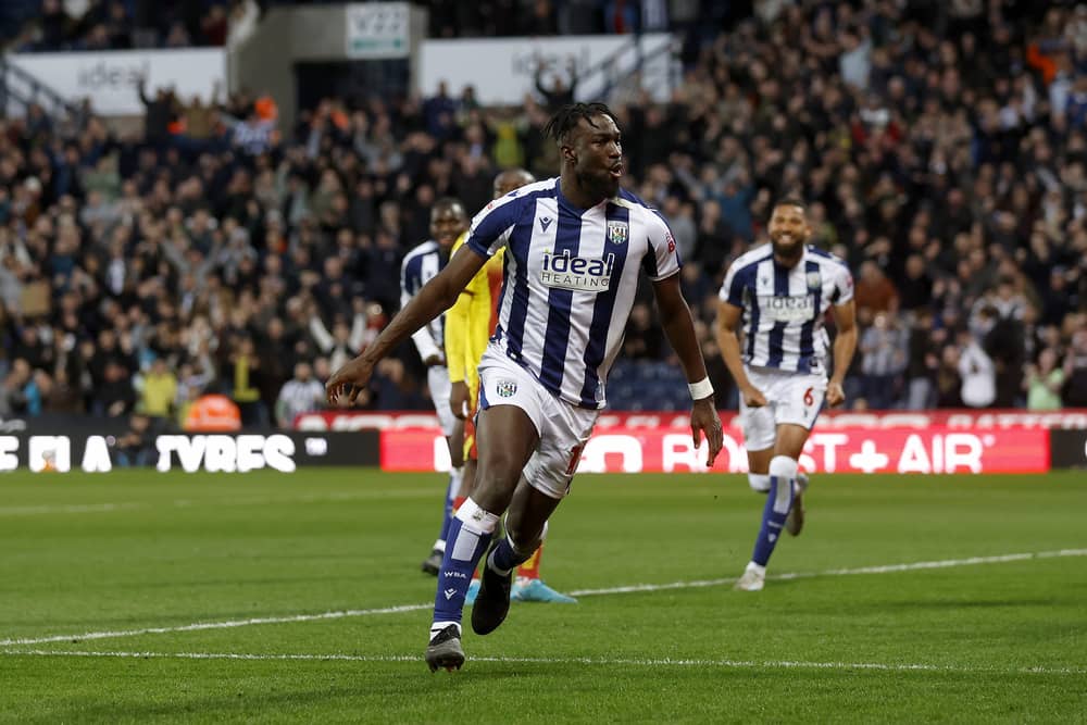 Former Albion man Daryl Dike celebrates against Watford in April. (Photo by Adam Fradgley/West Bromwich Albion FC via Getty Images)
