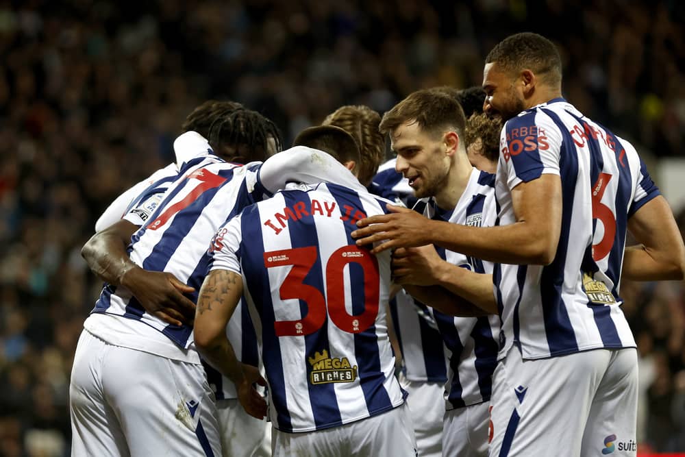 WEST BROMWICH, ENGLAND - APRIL 21: Danny Imray Junior of West Bromwich Albion with Jayson Molumby of West Bromwich Albion and team mates after scoring a goal to make it 3-0 during the Sky Bet Championship match between West Bromwich Albion and Watford at The Hawthorns on April 21, 2026 in West Bromwich, United Kingdom. (Photo by Adam Fradgley/West Bromwich Albion FC via Getty Images)