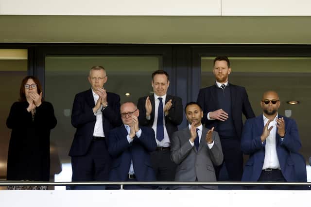 Mark Miles, front left, with owner Shilen Patel and new non-executive director Jason Roberts, who has brought some football experience to the club’s board. (Photo by Adam Fradgley/West Bromwich Albion FC via Getty Images)
