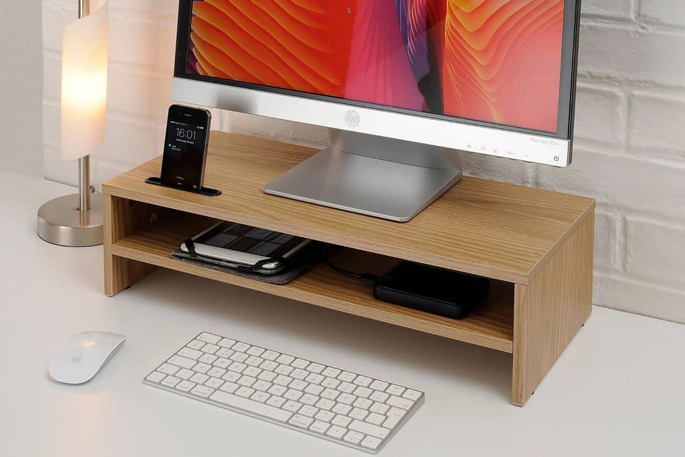 This screen riser is ideal for keeping desktop clutter stored away