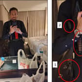 An image contained in a court filing which shows Cole Tomas Allen, left, inside his hotel room on Saturday April 25 2026 in Washington