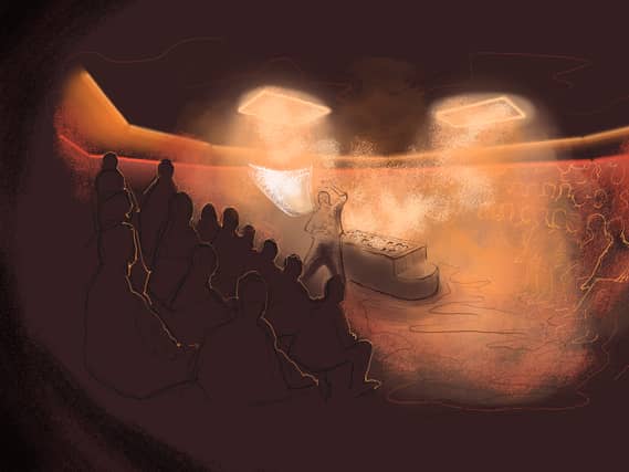 Artist's impression in a sketch of how a performance in a sauna will look