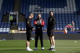 SHEFFIELD, ENGLAND - MAY 2: James Morrison Head Coach of West Bromwich Albion with Leigh Downing Coach of West Bromwich Albion and Damia Abella Statistical Analyst of West Bromwich Albion inspect the pitch after he arrives at the stadium ahead of the Sky Bet Championship match between Sheffield Wednesday and West Bromwich Albion at Hillsborough on May 2, 2026 in Sheffield, United Kingdom. (Photo by Adam Fradgley/West Bromwich Albion FC via Getty Images)