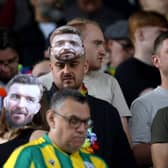 SHEFFIELD, ENGLAND - MAY 2: West Bromwich Albion fans wear James Morrison Head Coach of West Bromwich Albion masks during the Sky Bet Championship match between Sheffield Wednesday and West Bromwich Albion at Hillsborough on May 2, 2026 in Sheffield, United Kingdom. (Photo by Adam Fradgley/West Bromwich Albion FC via Getty Images)