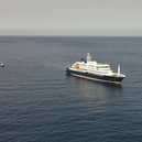 An aerial view of the MV Hondius Dutch cruise ship anchored in the Atlantic off Cape Verde