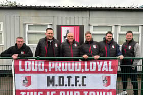 Market Drayton Town's new management team Dave Lloyd, second left, and Adam Proudlock, third right. Also involved with new roles are Simon Line, third left, as chairman and the returning Andy Cooke, right, as sporting director.