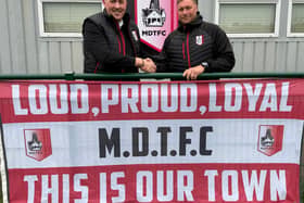David Lloyd, left, and Adam Proudlock after being confirmed as Market Drayton Town manager and assistant manager respectively.