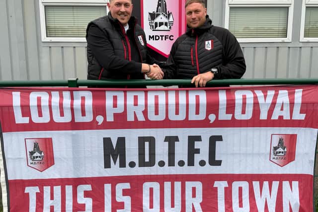 Dave Lloyd, left, and Adam Proudlock after being confirmed as Market Drayton Town manager and assistant manager respectively.