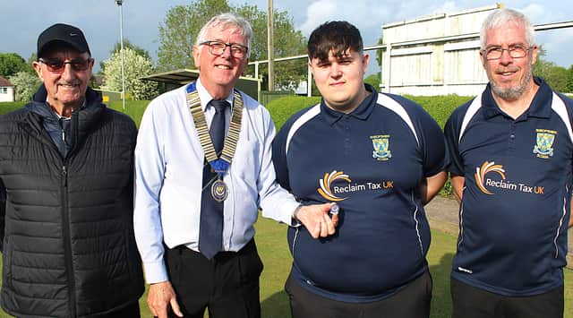 Proud debutant and man-of-the-match Rhys Marshall receives his country badge from, from left: selector Mick Jones, county president Andy Jones and selector Phil King
