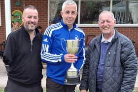Taking centre stage – Tanners Handicap winner Jon Lyttle with Jamie Brookes and (right) league president Rich Jones