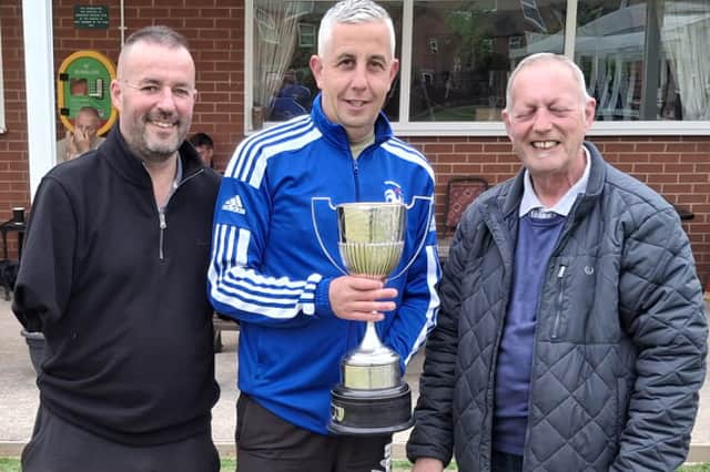 Taking centre stage – Tanners Handicap winner Jon Lyttle with Jamie Brookes and (right) league president Rich Jones