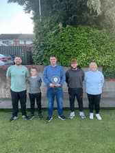 Family Doubles finalists (from left) Scott Simpson & Rowan Fuller, Dave Hughes with the trophy, Joe and Angela Killen