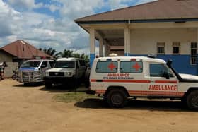 Ambulances parked outside a hospital in Bunia, in the Democratic Republic of the Congo