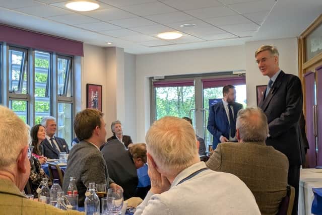 Jacob Rees-Mogg speaking at a North Shropshire Conservative Association fundraiser at Theatre Severn, Shrewsbury