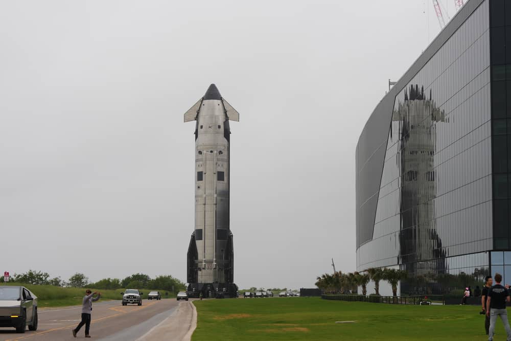 The latest version of SpaceX’s mega rocket Starship is rolled out to the launch pad in preparation for a test flight in Starbase, Texas