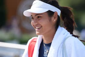 Emma Raducanu wears a visor after Wimbledon practice