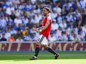 Manchester United’s Bruno Fernandes celebrates after scoring at Brighton
