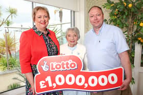(L-R) Julie Tresadern, Rose Tresadern and Barry Tresadern who scooped £1 million on the lottery after playing numbers chosen by the late Derek Tresadern. (Kieran Cleeves/PA Media Assignments/ PA)