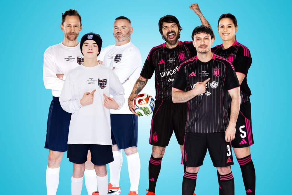 Tom Hiddleston, Owen Cooper, and Wayne Rooney will all play for England at Soccer Aid 2026, with Simon Neil, Richard Gadd and Jen Beattie helping represent the World XI squad.
