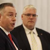 Education Minister Paul Givan and DUP leader Gavin Robinson MP speaking to the media about the proposed Education Inspections Bill in the Great Hall at Parliament Buildings, Stormont