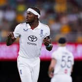 Jofra Archer walks back to his bowling mark in the 2025/26 Ashes.