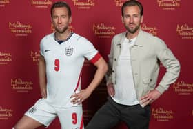Harry Kane with his wax figure at Madame Tussauds