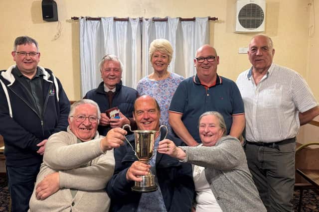 The Subsidiary Cup was won by The Compasses, Bayston Hill. Back row, from left: Lee Corfield, Billy Murphy, Anne Downes, Daz Davies, Dave Downes. Front: Alan Buttery, Dave Engler, Rose Hopkinson