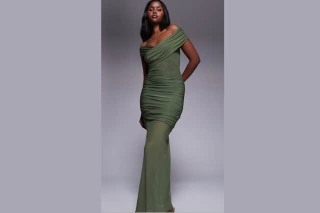 Kaiia Exclusive Double Layered Slinky Off Shoulder Sheer Mesh Hem Maxi Dress in Olive