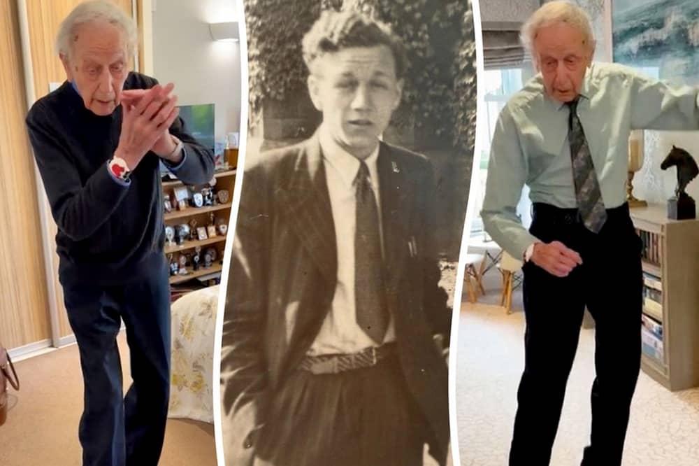 Bernard Gilbert as a young man (C) and dancing at Fernhill House Care Home in Worcester (L&R).  //  A 100-year-old man from Worcestershire has gone viral for his dance videos, with more than 1.5m views on social media