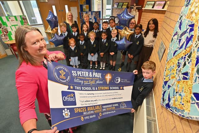 St Peters and St Pauls School in Newport, delighted with a great OFSTED. Head: Sarah Staniforth and staff: Gayle Roberts (Deputy Head), Anveer Kaur and Christine Foster with pupils. At the front is: Lochlan 6.