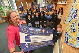 St Peters and St Pauls School in Newport, delighted with a great OFSTED. Head: Sarah Staniforth and staff: Gayle Roberts (Deputy Head), Anveer Kaur and Christine Foster with pupils. At the front is: Lochlan 6.