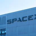 Close up of SpaceX sign on the building in Hawthorne, California.