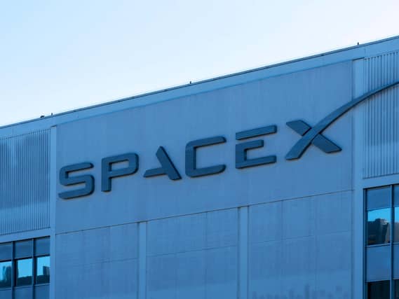 Close up of SpaceX sign on the building in Hawthorne, California.