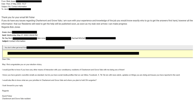 The e-mail exchange between Cllr Bob Jones and former councillor David Fisher.