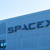 Close up of SpaceX sign on the building in Hawthorne, California.