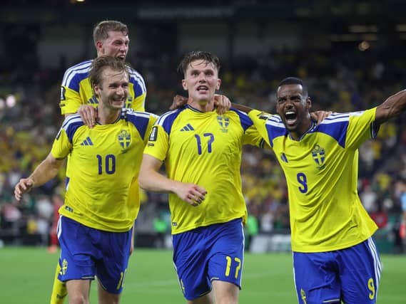 Alexander Bernhardsson, Benjamin Nygren (10) and Alexander Isak (9) celebrate with Viktor Gyokeres (17) after he scored to put Sweden up 3-1